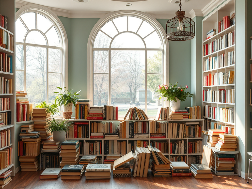 Уютная библиотека с книжными полками, растениями и большими окнами, пропускающими солнечный свет.