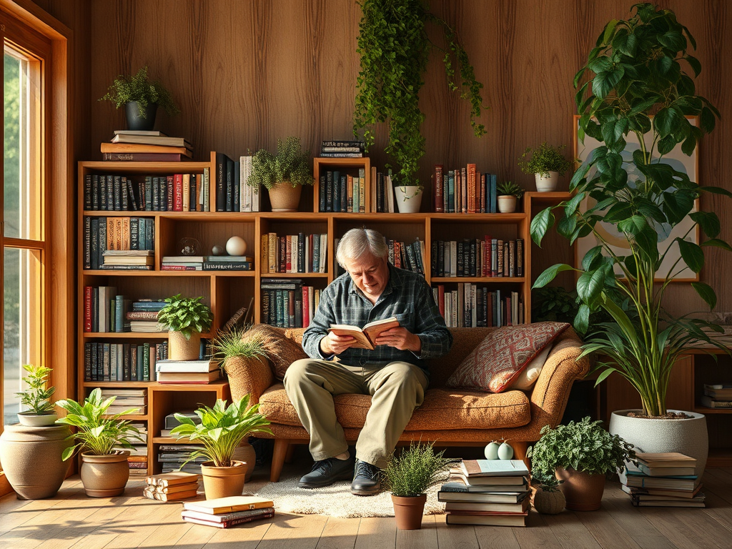 Пожилой человек читает книгу, сидя на диване в уютной комнате с книгами и растениями.