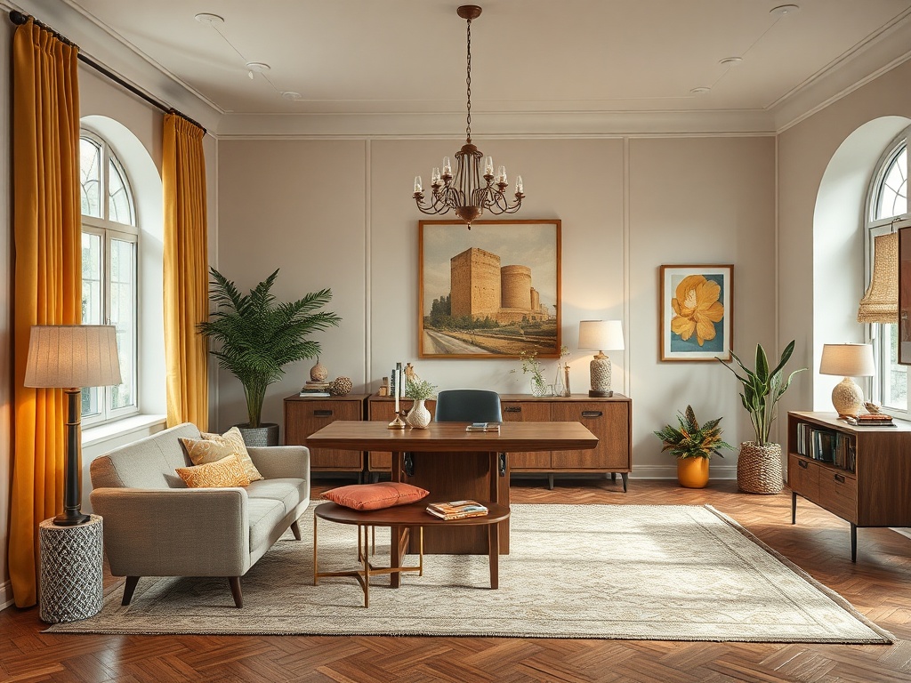 Современный интерьер офиса с деревянной мебелью, светлыми шторами и зелеными растениями.