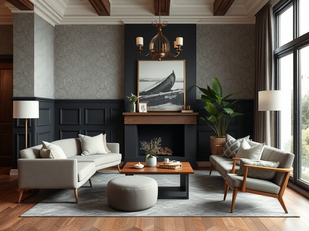 Современный гостиная с удобной мебелью, камином и большими окнами, пропускающими свет.