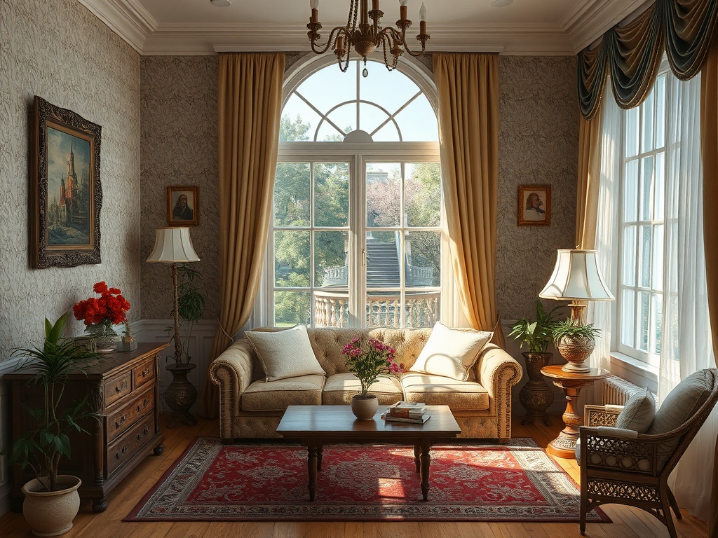 Уютная гостиная с светлыми шторами, картинами и мебелью, освещенная солнечными лучами из окна.