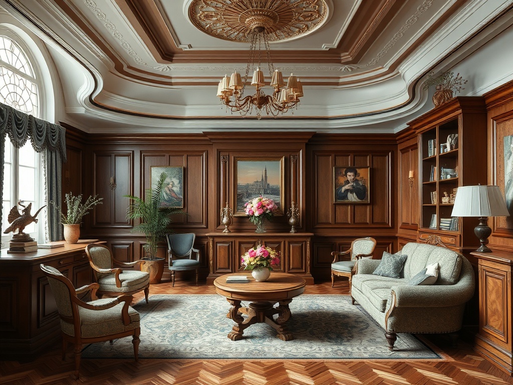 Элегантная комната с деревянными стенами, мебелью в классическом стиле и цветами в вазе на столе.