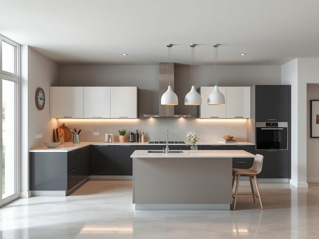 Современная кухня в светлых тонах с островом, современными приборами и большим окном.